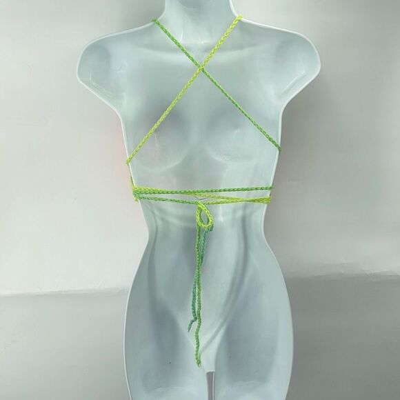 Handmade peek-a-boo crochet rainbow neon halter top crop open knit - Picture 6 of 11